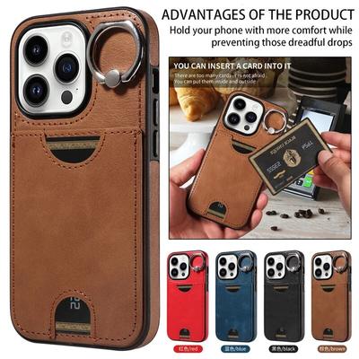 Ring Leather Card Phone Case For iPhone 15 Pro Max 14 Plus 13 Pro 12 11 For Samsung Galaxy S24 Ultra S23 FE S22 S21 A25 A15 A54 A34 A14 Flip Cover