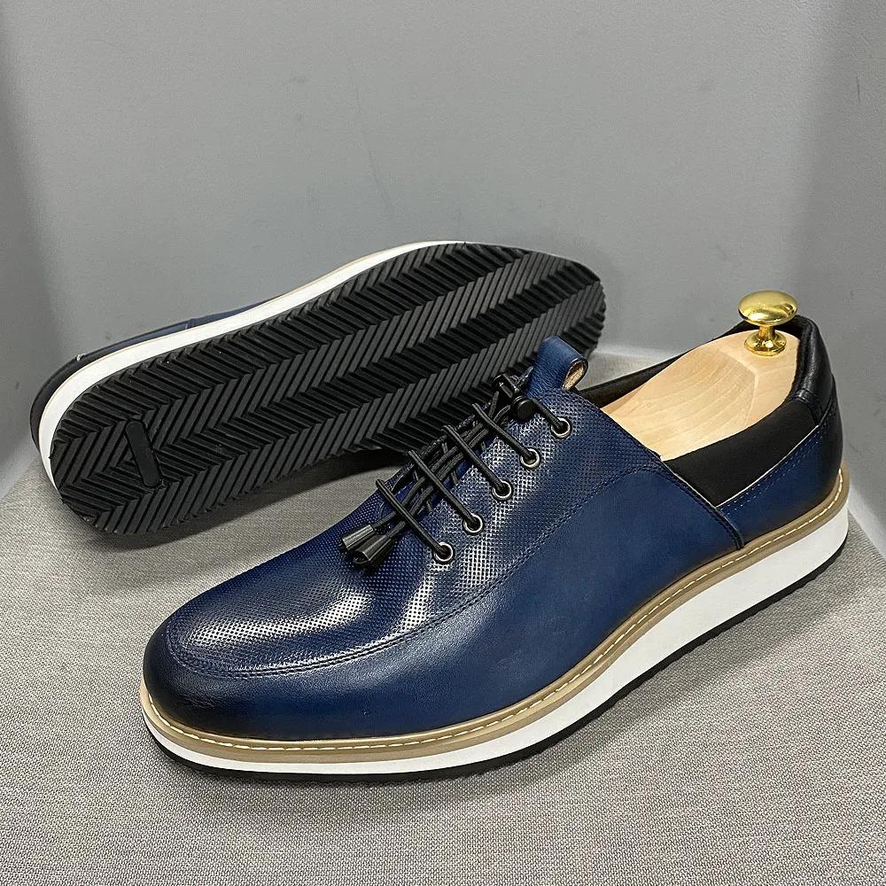 Zapatos Casuales de Moda para Hombre 2025 Zapatillas de Lujo con Cordones de Cuero Genuino de Alta Calidad Azul/Negro Oxfords Planos Transpirables