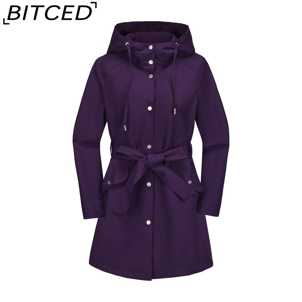 BITCED Women's Spring/Autumn Hooded Water-Resistant Jacket with Belted Waist Lightweight Casual Oversized Trench Coat