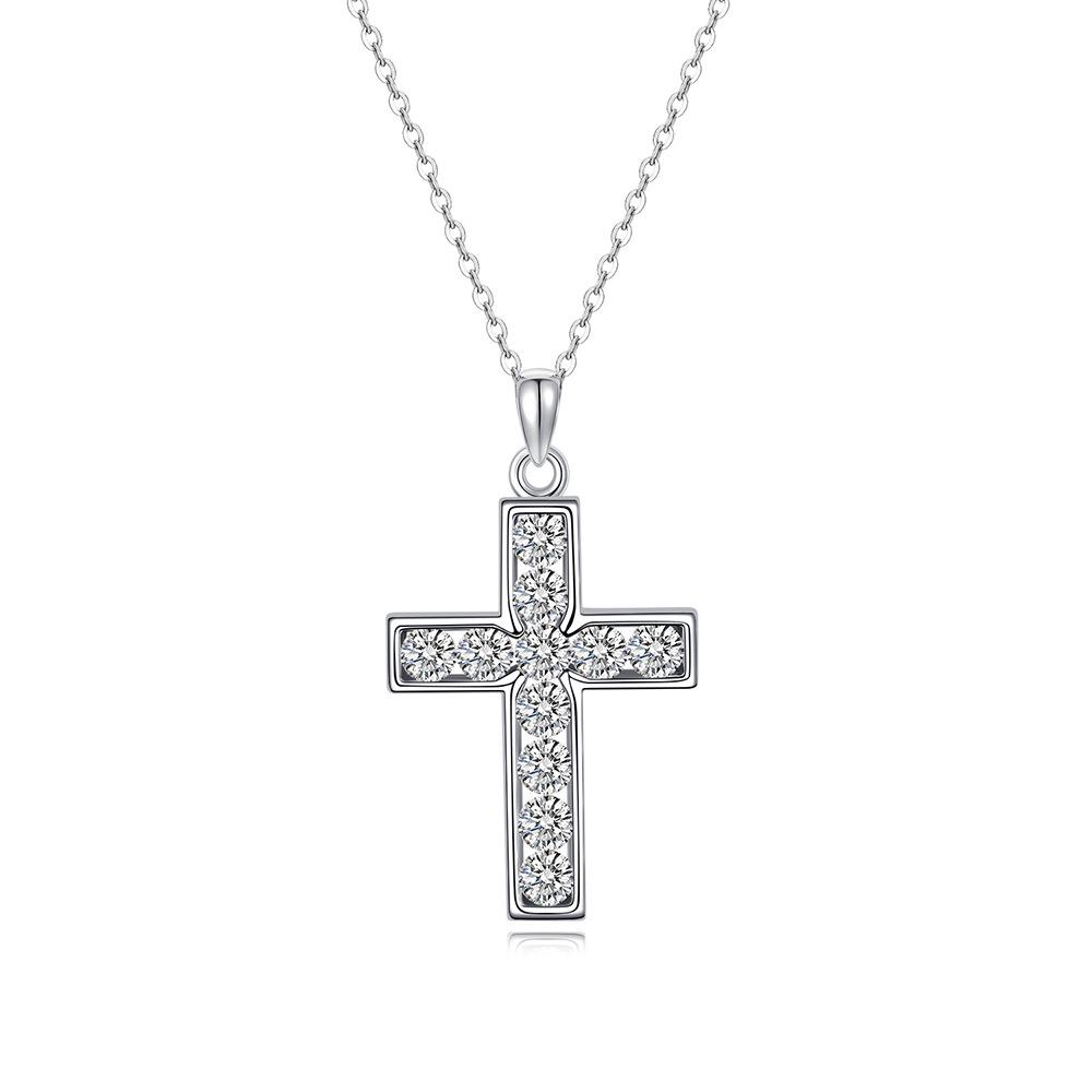 Sterling Silver Moissanite Cross Necklace - French Design Women's Clavicle Pendant