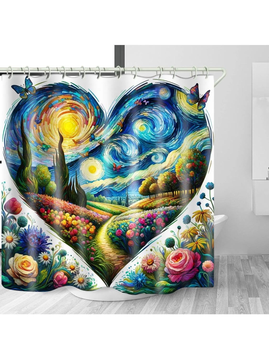 

Heart Shape Art Floral Shower Curtain Waterproof Fabric With Plant Pattern Bathroom Decorative Shower Curtain With Hook W90xH180cm