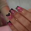 Black French Pink Floral Press-On Nails – Mid-Length Blush Design with Transparent Stickers