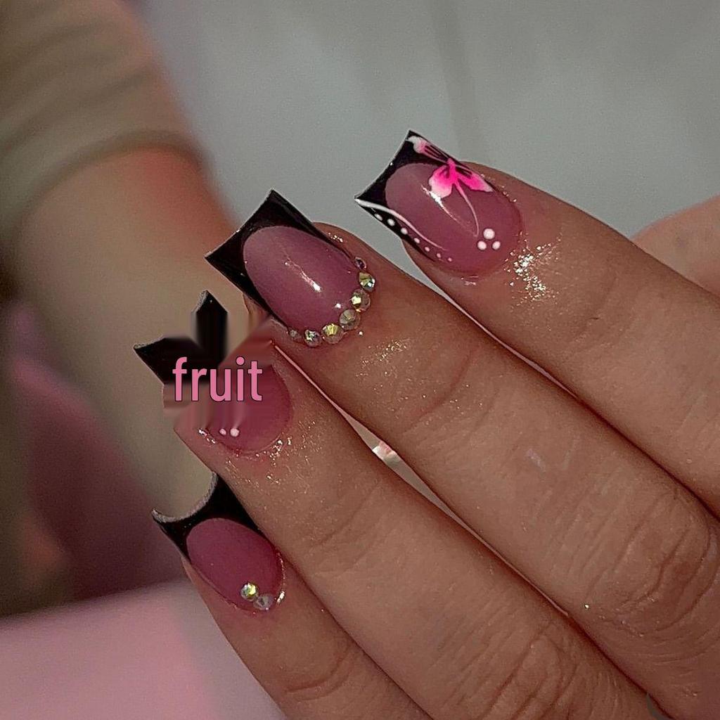 Black French Pink Floral Press-On Nails – Mid-Length Blush Design with Transparent Stickers