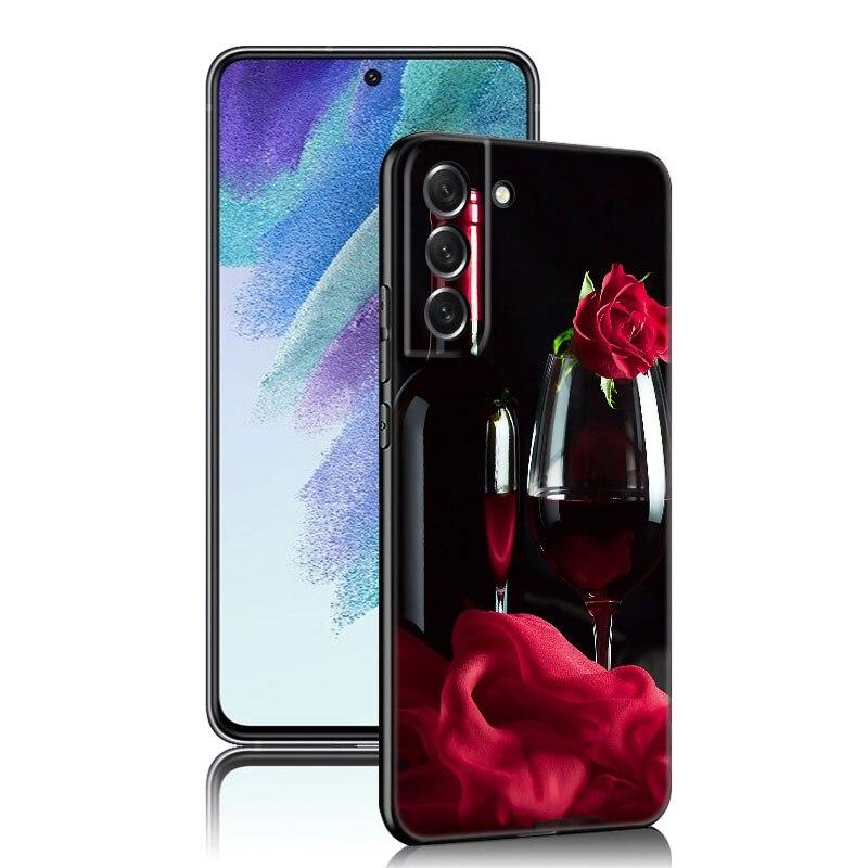 Coffee Wine Cup Phone Case For Samsung Galaxy S20 S21 FE S22 Ultra S10 Lite S10E S9 S8 Plus S7 Edge Soft TPU Black Cover