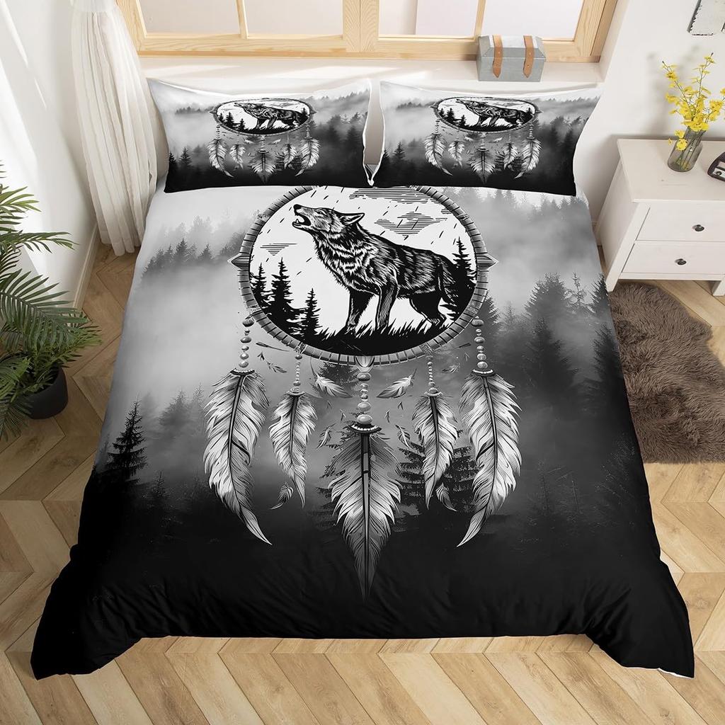 Kids Wolf Comforter Cover Full Queen Size Botanical Floral Bedding Set Wild Animal Duvet Cover Plant Flower Bedspread Cover