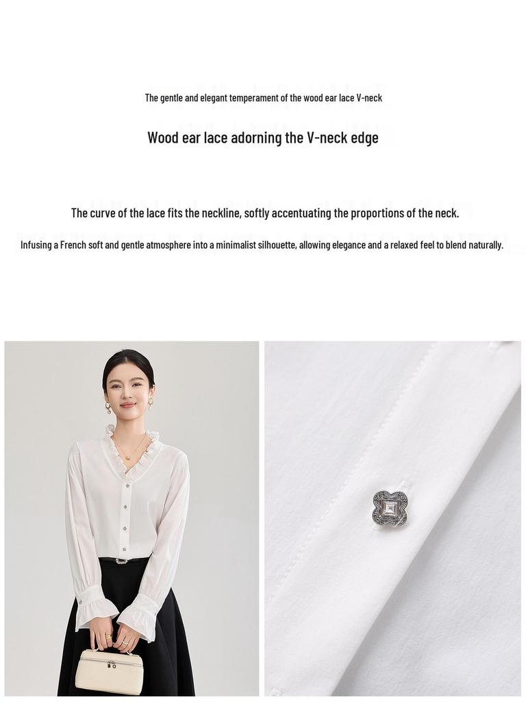 Nanyou Women's Romantic French Lace Collar Bell Sleeve Top - Anti-Wrinkle, Elegant Spring Shirt