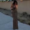 Fashion Sleeveless Leopard Print Suspender Dress One-word Collar Strap Sexy Women Backless Elegant Party Maxi Long Dresses Streetwear Women Clothing