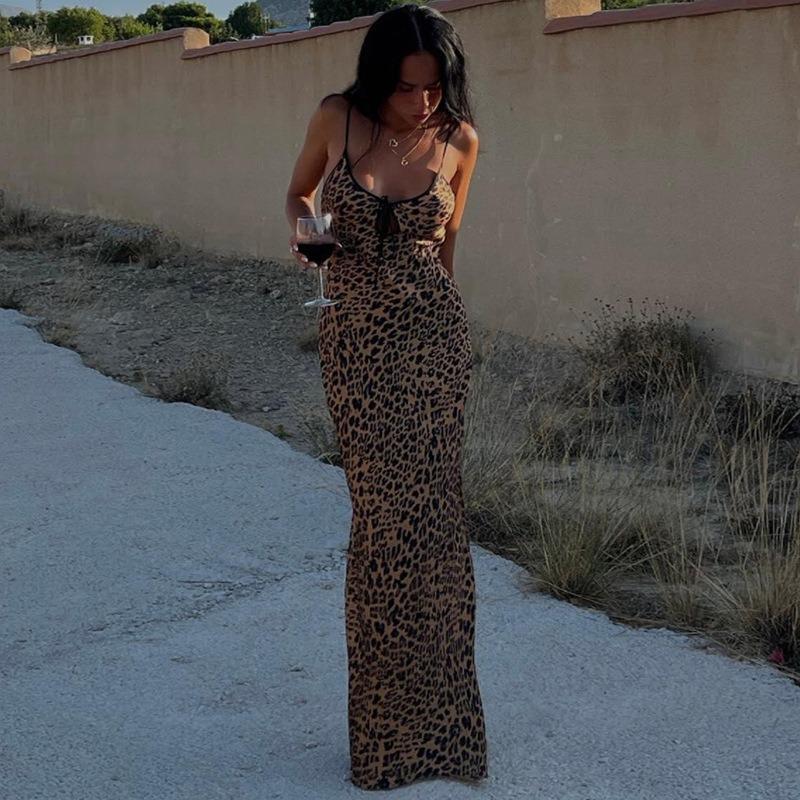 Fashion Sleeveless Leopard Print Suspender Dress One-word Collar Strap Sexy Women Backless Elegant Party Maxi Long Dresses Streetwear Women Clothing