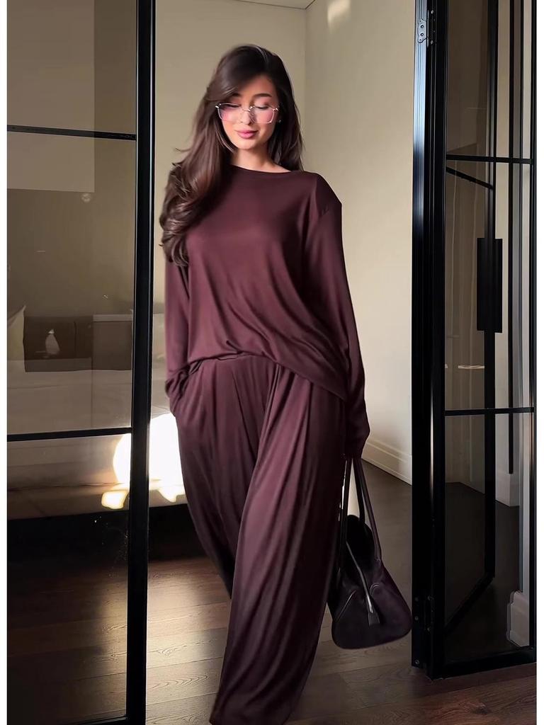 Spring 2026 Women's Solid Color Loose Long Sleeve Top & Wide Leg Pants Suit