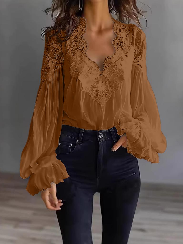 Damen Bluse mit muschelförmigem V-Ausschnitt, floraler Spitze, eingesetzten Puffärmeln, langen Ärmeln und Rüschenbündchen