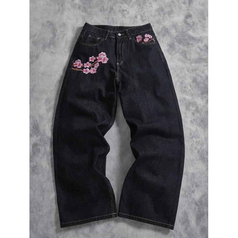 Mens High-Waisted Wide-Leg Denim Pants With