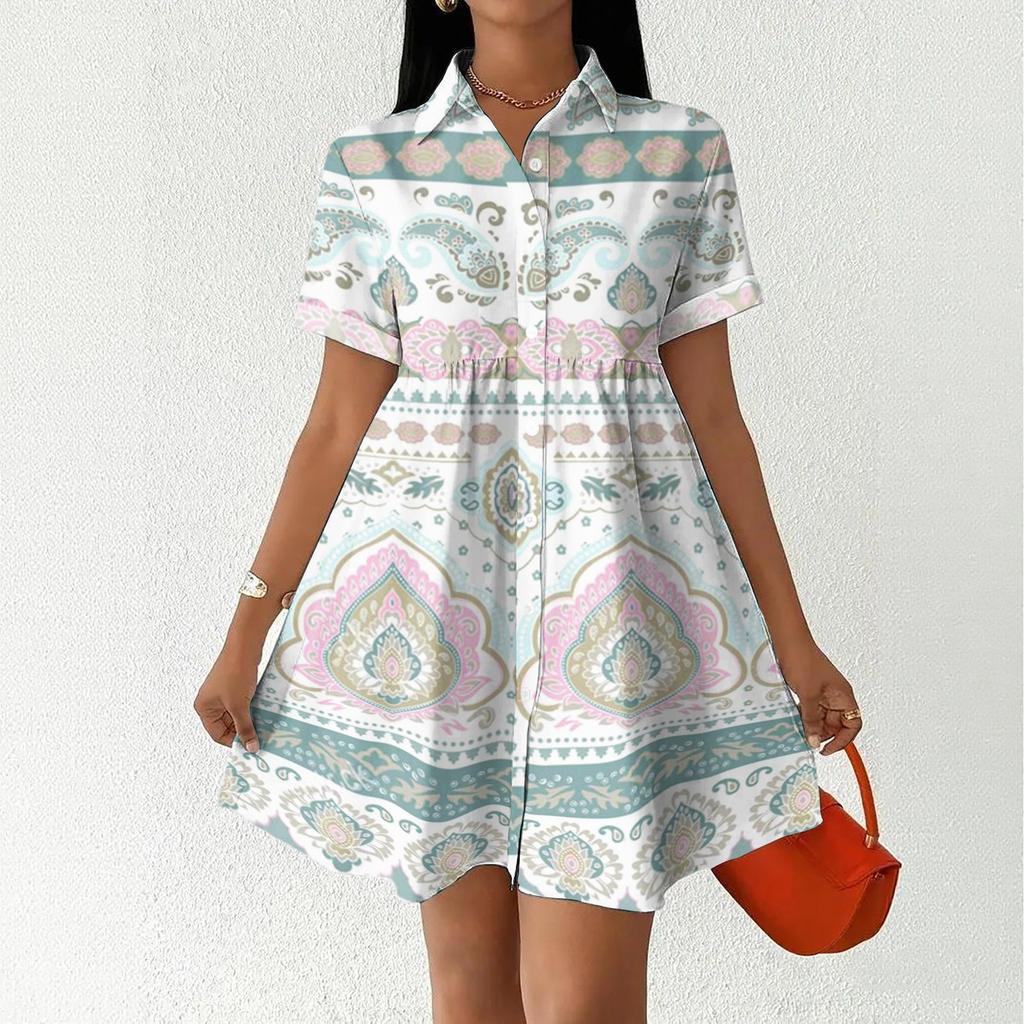 Women's Casual Loose Fit Shirt Dress Button Front Short Sleeve Collar Dress with Floral Print and Border Pattern Suitable for Daily Wear