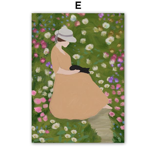 Boho Abstract Girl Garden Flowers Cat Illustration Wall Art Canvas Painting Nordic Poster And Prints Pictures Living Room Decor
