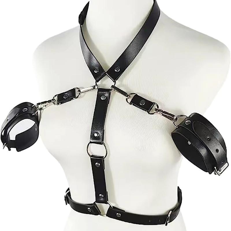 Sexy Women'S Black Leather Collar And Wristband With Integrated Adjustable Belt