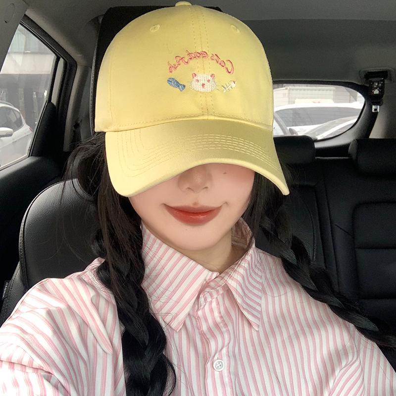 Cat Cute Fashion Embroidery Baseball Cap Women In Soft Yellow Size Adjustable