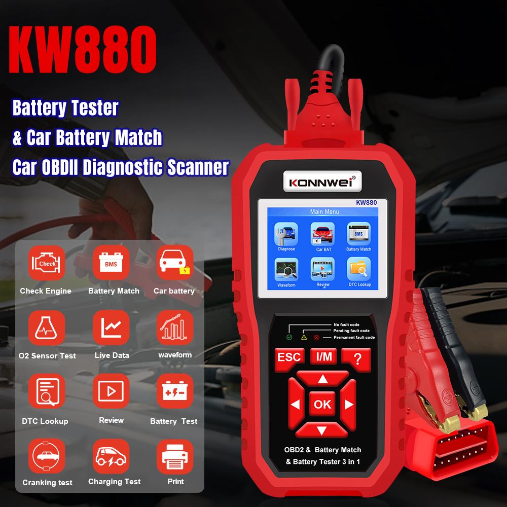 KONNWEI KW880 12V Αναλυτής δοκιμής μπαταρίας αυτοκινήτου Auto Diagnostic Tool Battery Match 3 in 1 Car OBD2 Scanner Reader Code