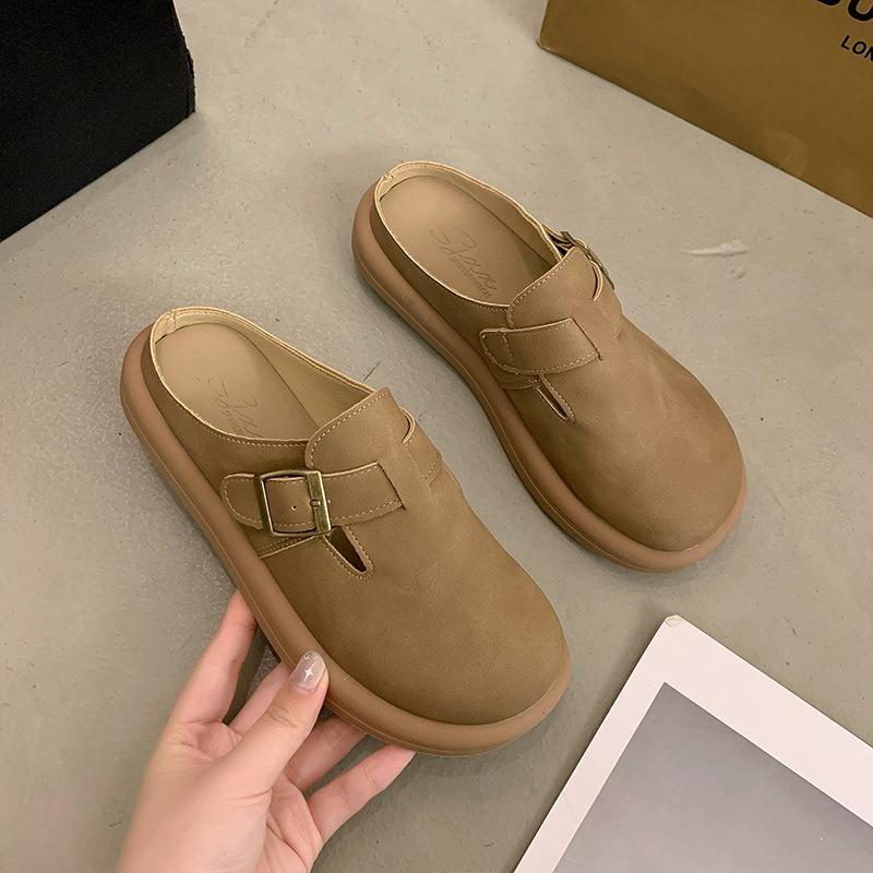 

Leather bag head half slippers women wear sandals in summer, new versatile flat-bottomed lazy single shoes women 40