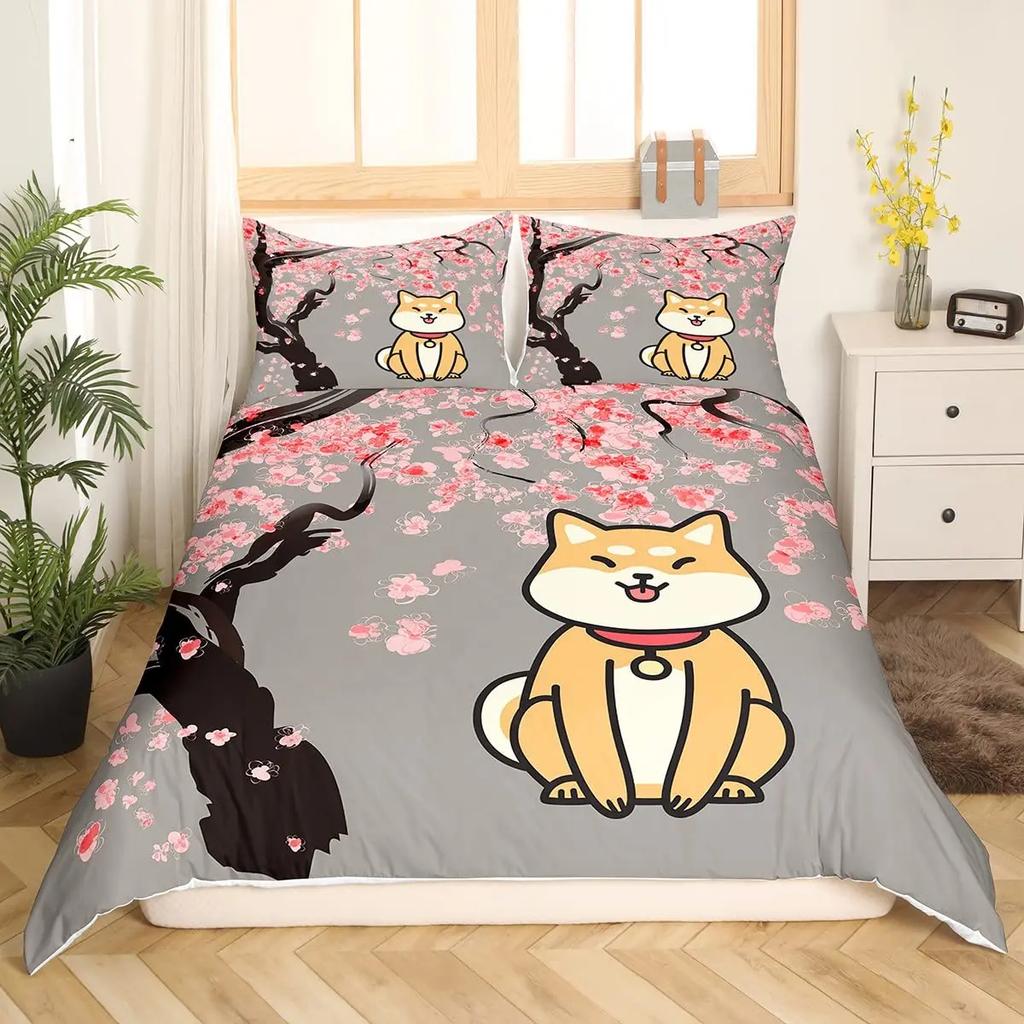 Shiba Inu Duvet Cover Set Cute Shiba Inu Bedding Set Cute Yellow Dog Cartoon Animal Farmhouse Pet Animals Polyester Quilt Cover
