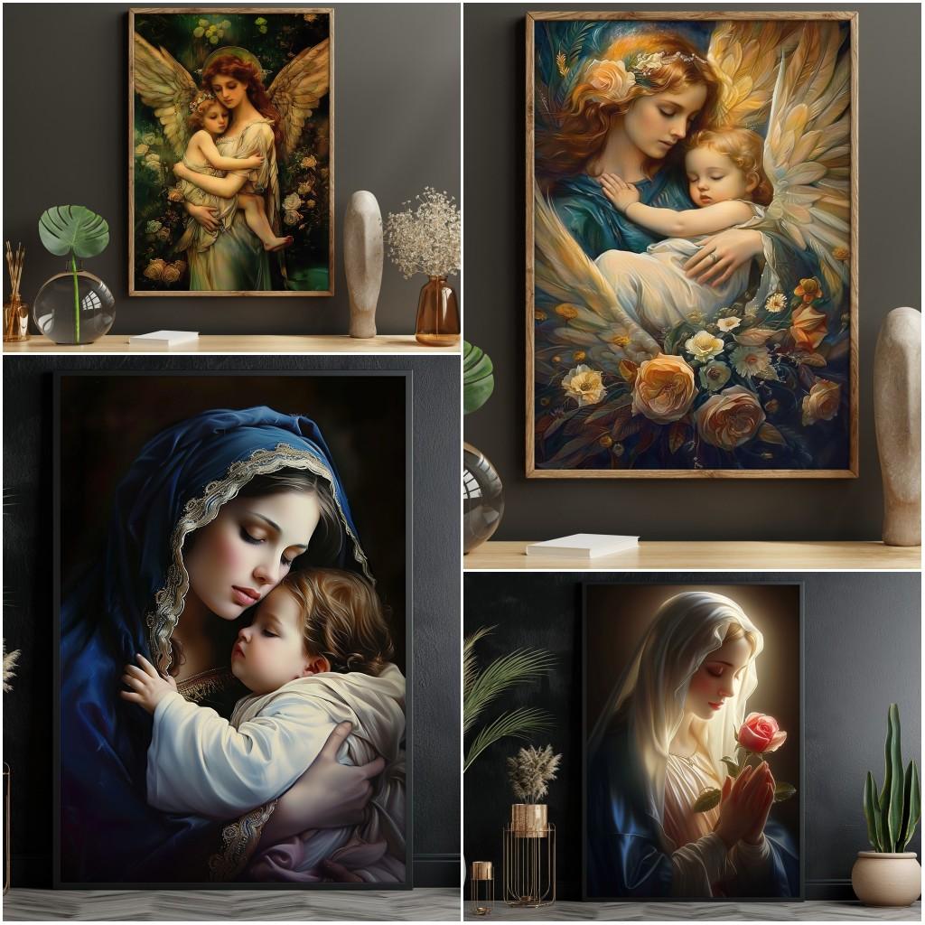 Vintage Catholic Poster Print Jesus Wall Art Holy Mother Maria Canvas Painting Living Room Bedroom Decoration