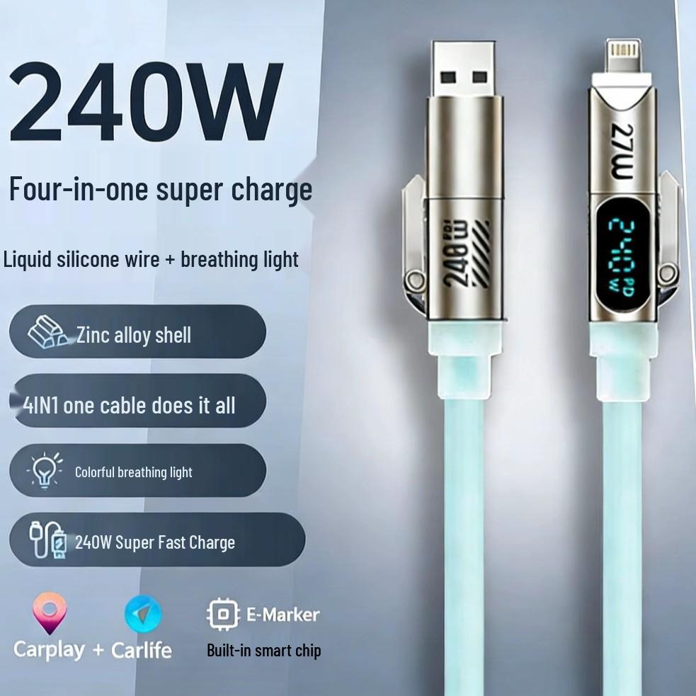 240W 4-in-1 Liquid Silicone Smart Display Fast Charging Cable for Android Bare Cable светло-синий
