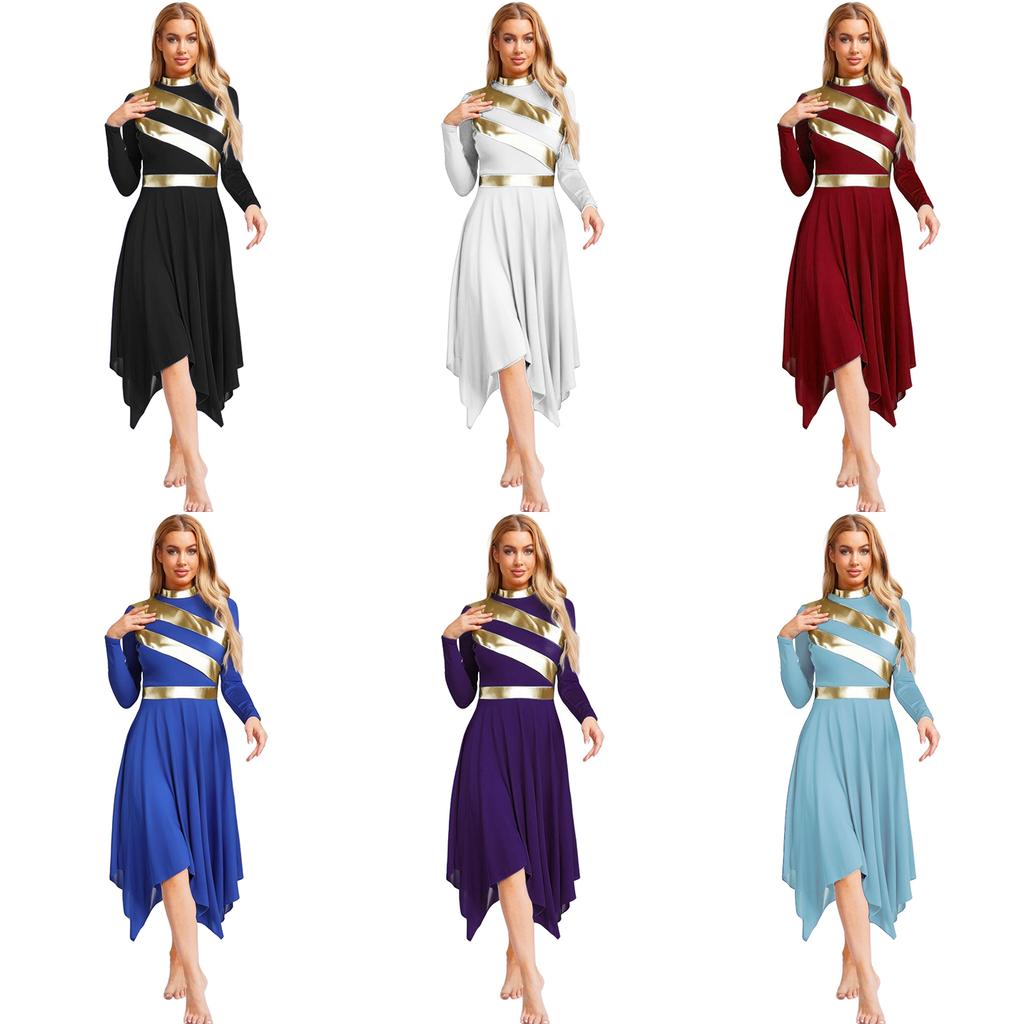 Langärmeliges Anbetungs-Tunika-Kleid für Damen Metallic-Patchwork Lyrisches Tanzkostüm