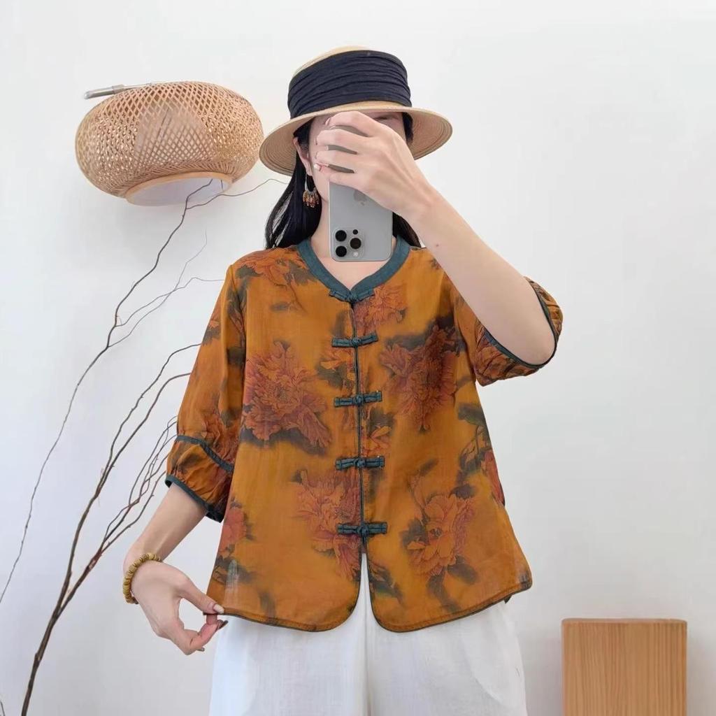 2026 Spring/Summer Women's Retro Ramie Printed Stand Collar 3/4 Sleeve Frog Button Cardigan Shirt