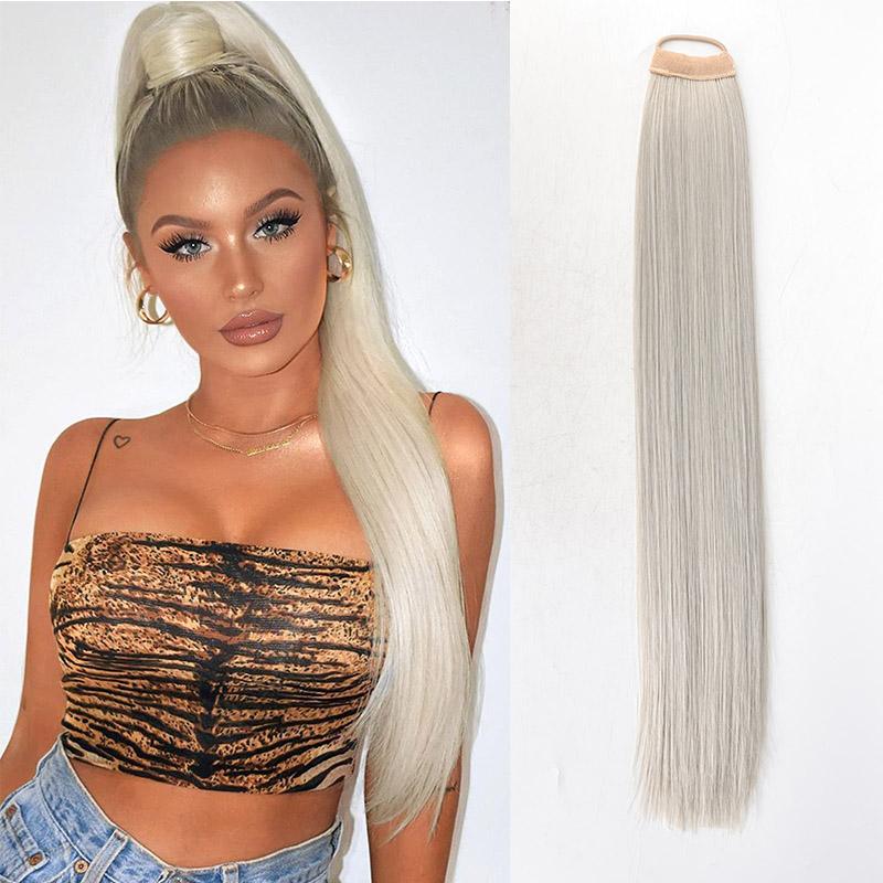 Synthetic 28inch Long Straight Ponytail With Elastic Band Wrap Around Pony Tail Extension Fake False Hairpiece For Women Girls