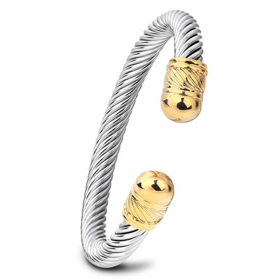 Nova pulseira de aço titânio moderna personalizada com fio de aço torcido e abertura ajustável em ouro e prata