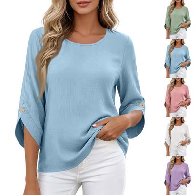 Women Casual Round Neck 3/4 Sleeve Linen Cotton Shirt Buttoned Cuffs Lightweight Breathable Blouse Relaxed Fit