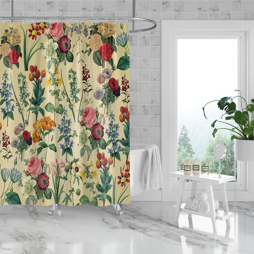 1Pc Retro Floral Pattern Printed Shower Curtain, Waterproof And Washable, With 12 Hooks,For Bathroom Showers, Bathtubs, Home Use