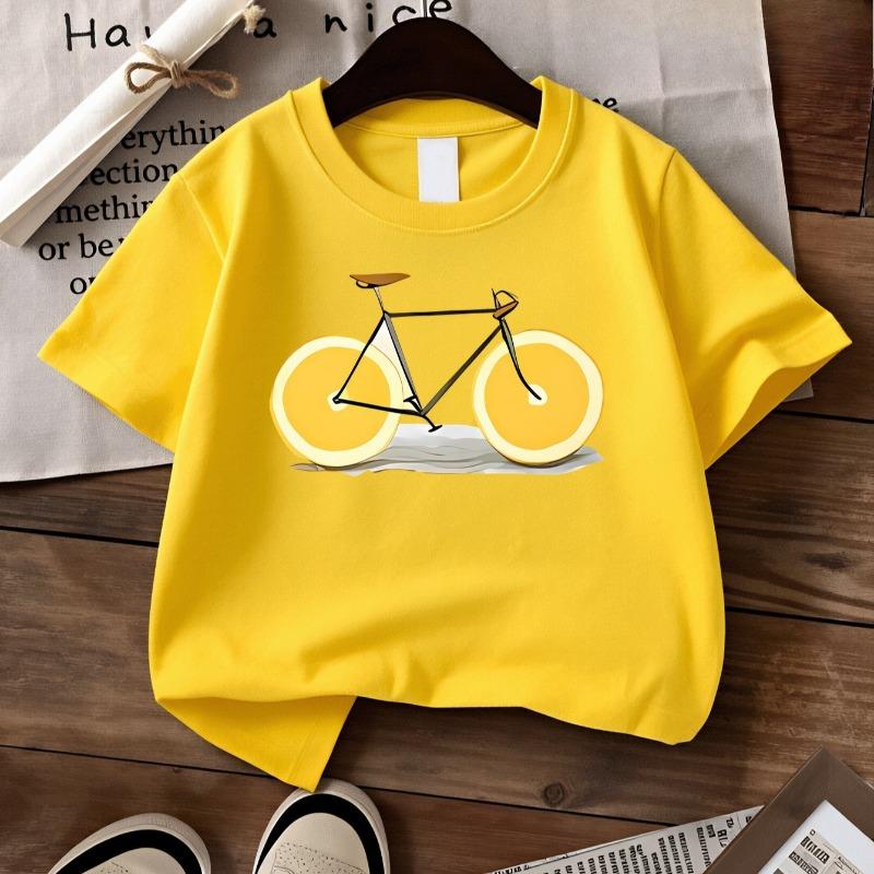 Kids Summer Crew Neck Short Sleeve T-Shirt with Creative Bicycle Print