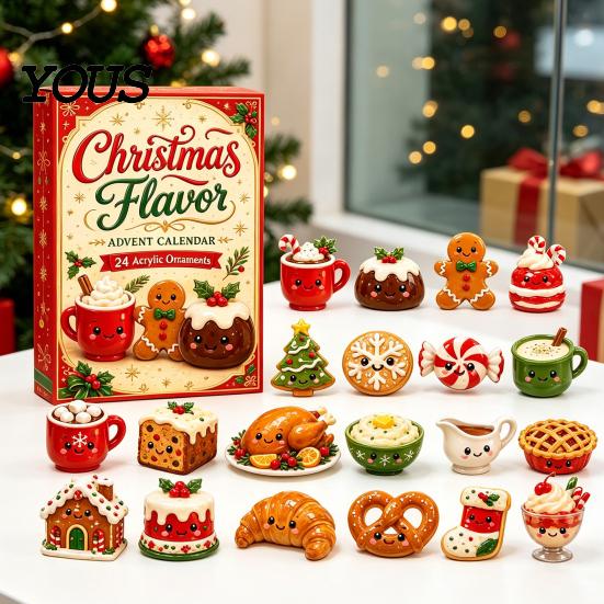 Gift Box for Children 2026 Christmas Characters Advent Calendar, 24-Day Countdown Food Theme Ornament Set, Holiday Fun Accessories 2D Acrylic Hanging