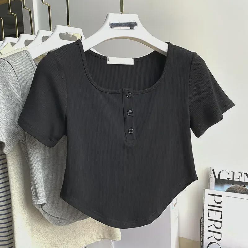Women's 2024 Striped U-Neck Square Neck T-Shirt, Short Sleeves, Summer Fashion Niche Design