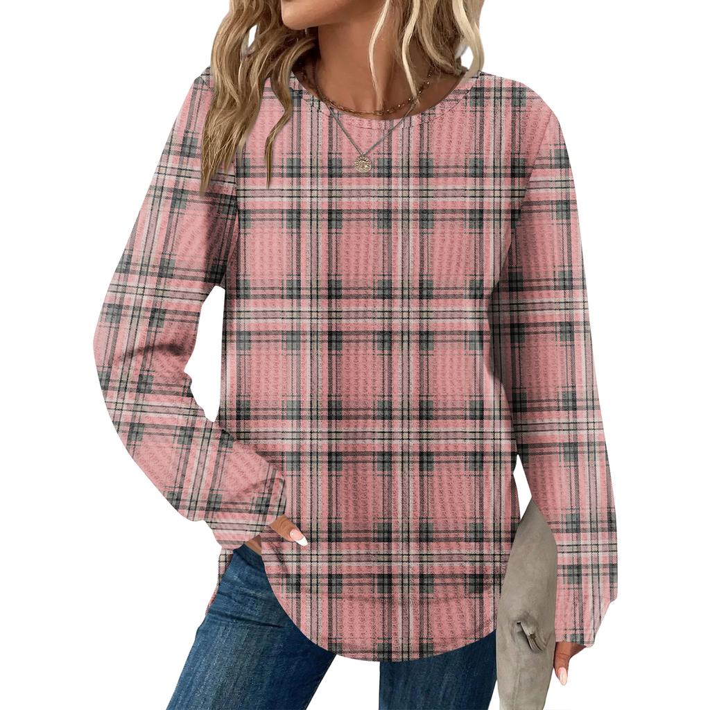 Damrutig tryck rund hals långärmad ledig lös topp