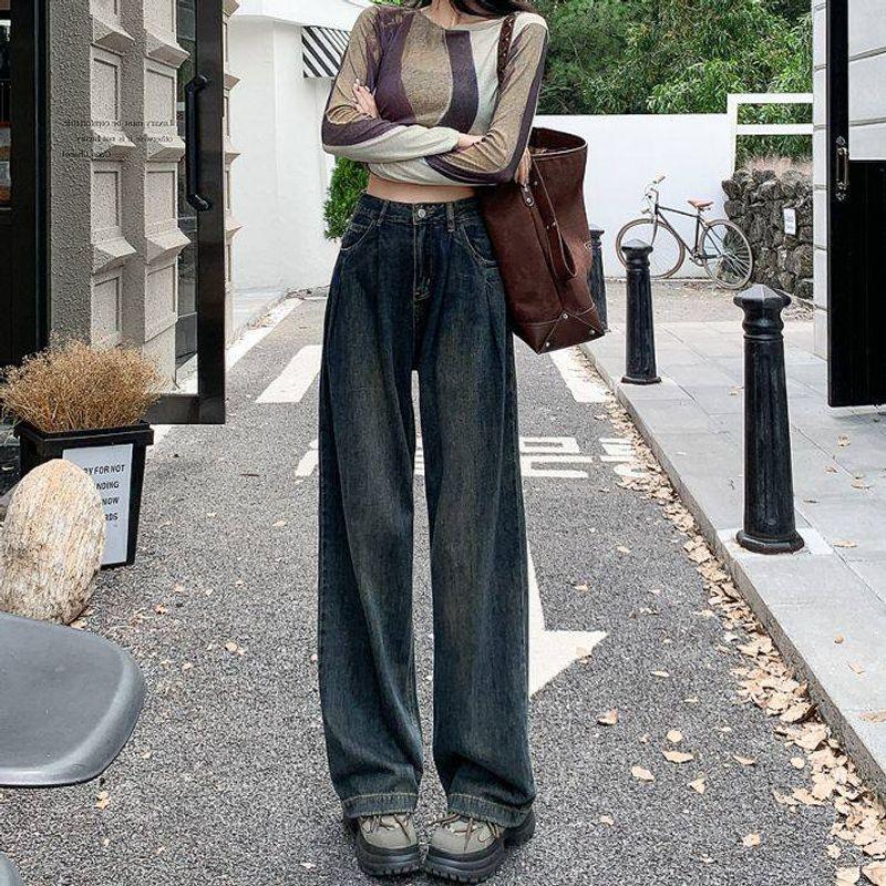 La Chapelle 7m2026 Spring Fashion Versatile High-Waisted Straight Loose Wide-Leg Jeans for Women Cement Gray Trousers XL