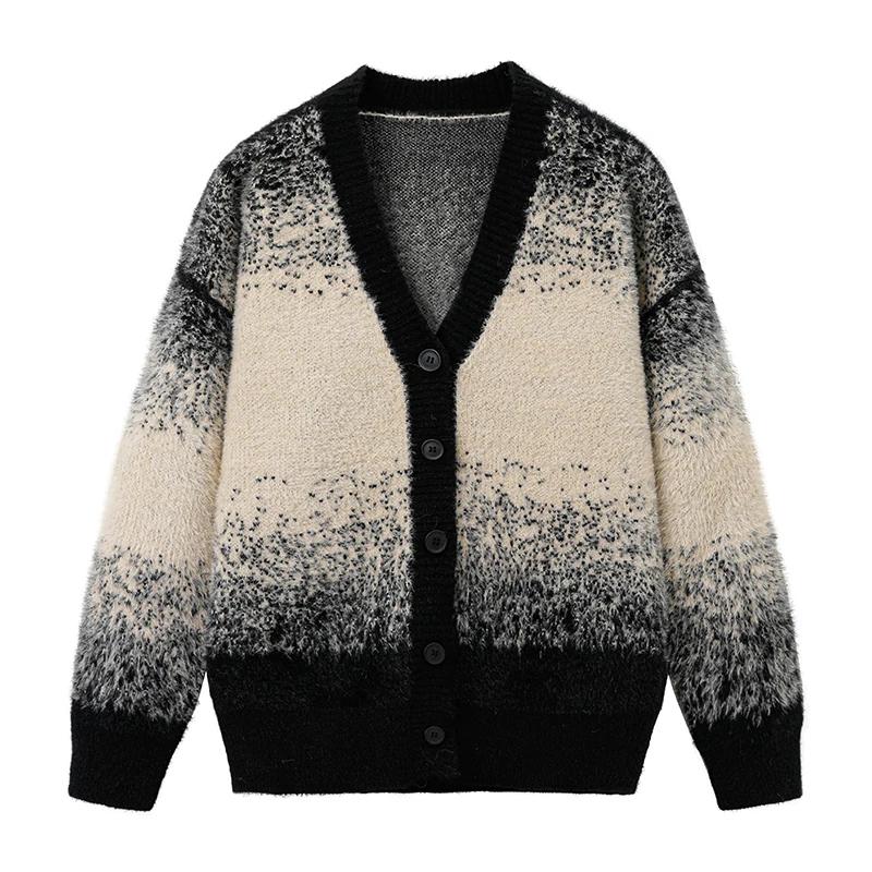 New Gradient Tie Dye Knit Cardigan Women Lazy Style Loose V Neck Sweater Fashion Casual Daily Knitted Outerwear Open Front Tops