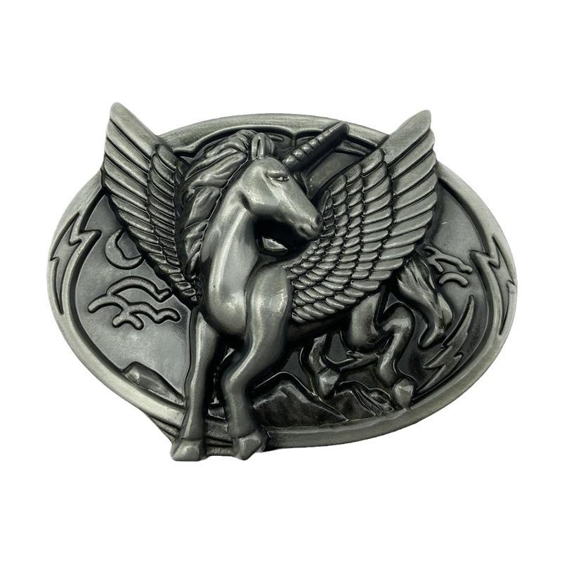 Angel Horse Unicorn Cowhide Alloy Belt Buckle - Ethnic Higanbana Oval Design