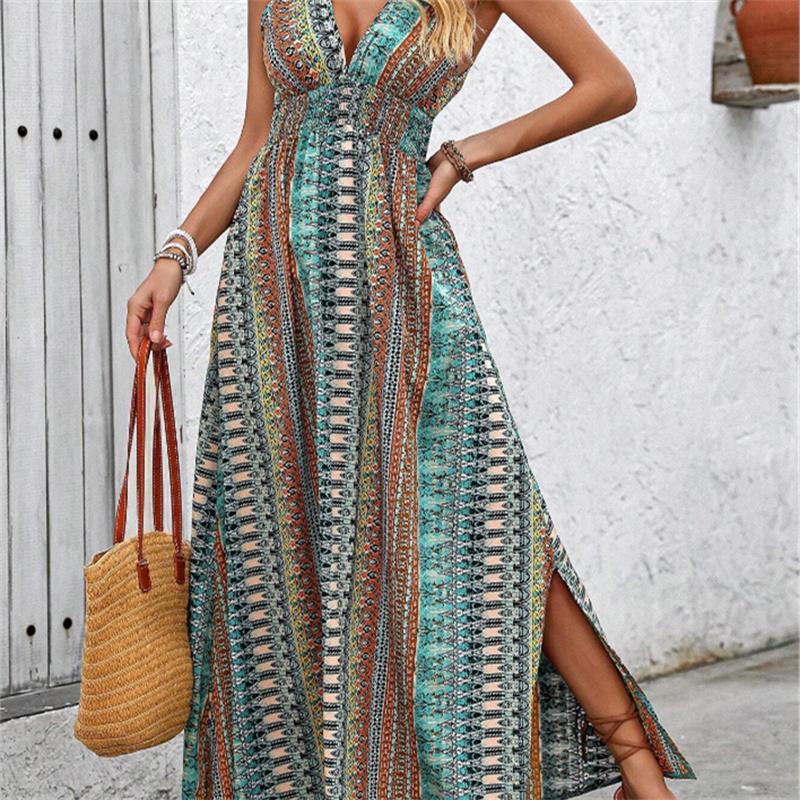 Strap Print Dress Women A line Sleeveless Waist Deep V Spring Summer S-XL