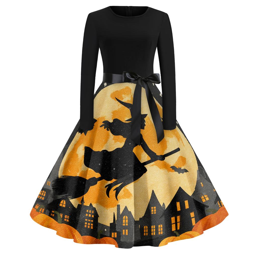 Women's Casual Fashion Round Neck Halloween Printed Vintage Dress