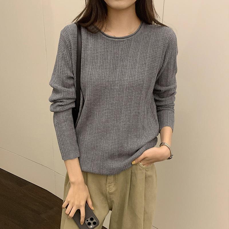

Простой серый топ с круглым вырезом и длинными рукавами из вафельной вязки для женщин на осень и зиму с новым стильным свитером Lazy Niche L