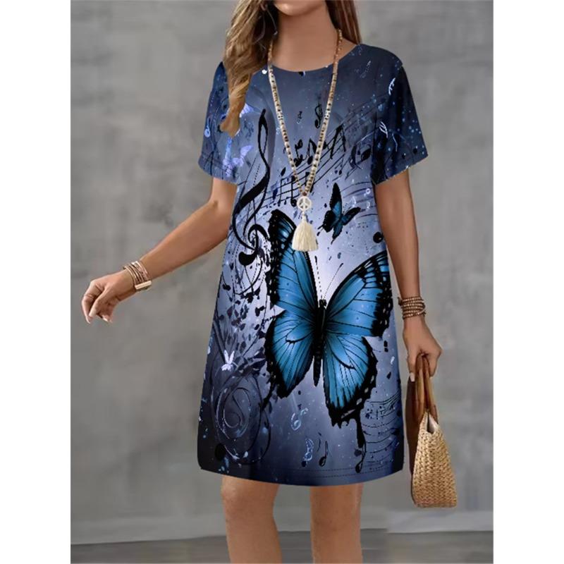 Women Dress Butterfly Pattern Printing Design Sense Pattern Summer Elegant Women A-Line Dress Casual Short Sleeve Mini Dress