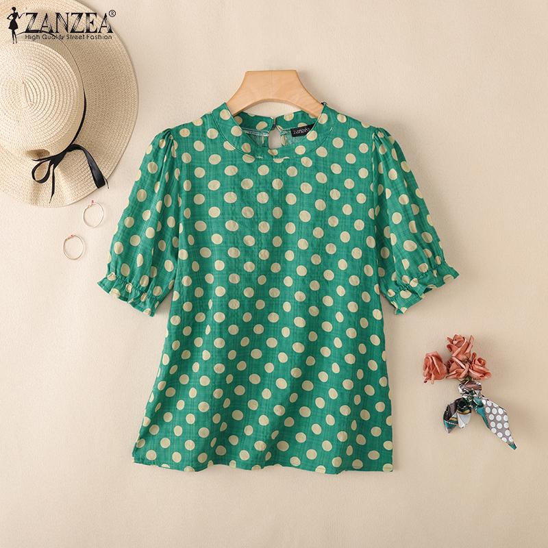 

ZANZEA Women Casual Round Neck Polka Dot Print Short Sleeve Blouse S