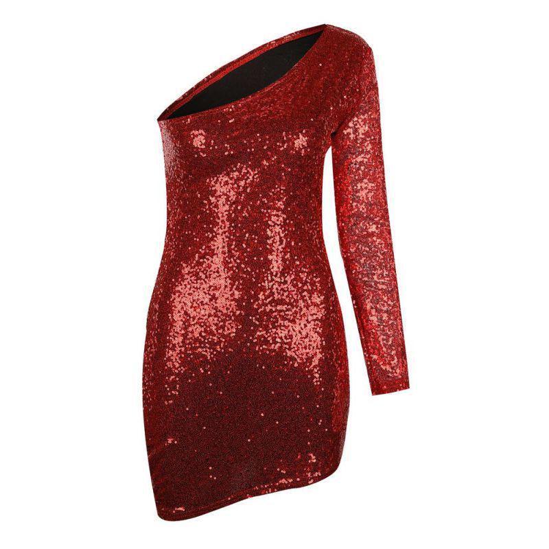Womens Evening Party Skirt Sexy Single Sleeve Club Dress With Sparkling Night Sequin Shoulder