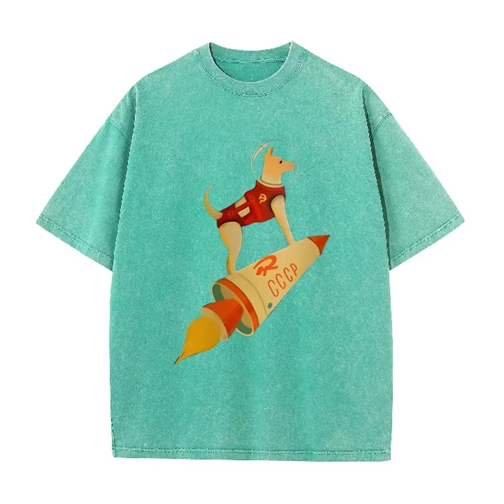 Vintage Washed Gray Tshirt CCCP Laika Space Dog Rocket Cartoon Print Loose Short Sleeve Retro Soviet