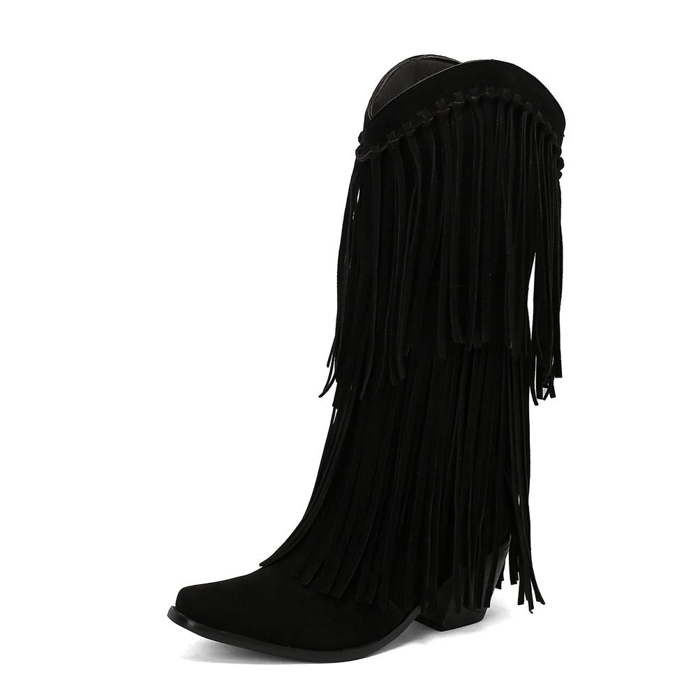 Fashion Fashion Autumn Winter Ethnic Woman Bohemian Flock Tassle Hidden Moccasin High Heels Mid-Calf Boots Fringe Female Slip On Shoes