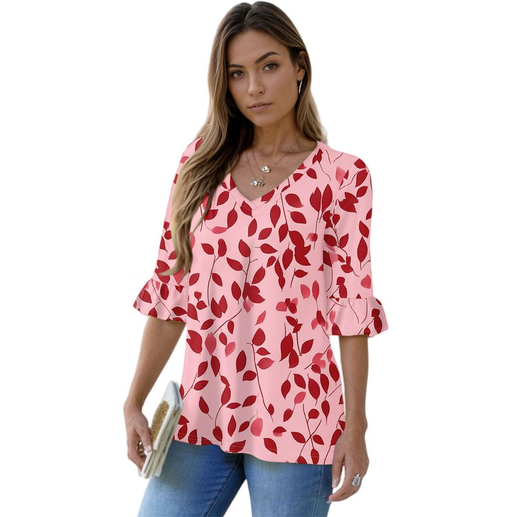 Women's Casual 3/4 Sleeve Tops V-Neck Sleeve T-Shirt Floral Print Tops