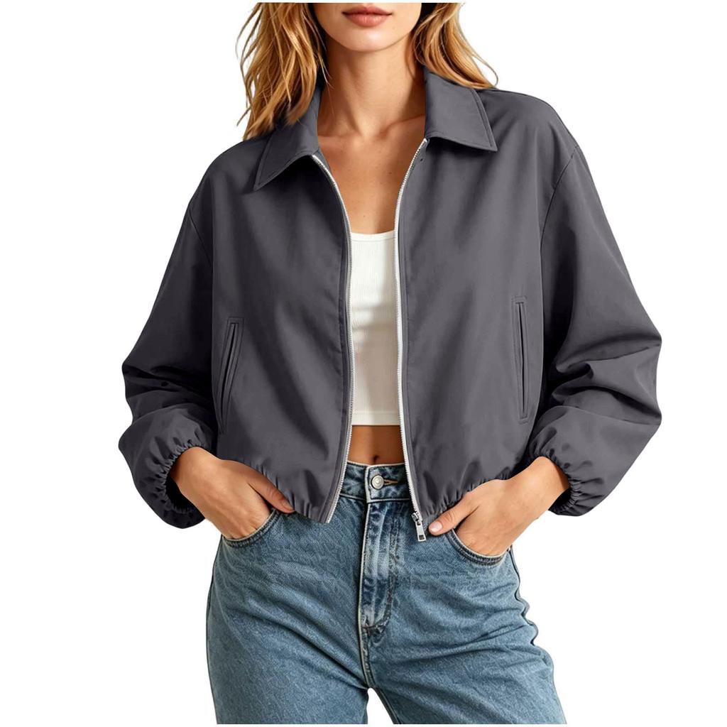Women's Fashion Short Loose Fit Puffy Zipper Long Sleeve Jacket Outerwear