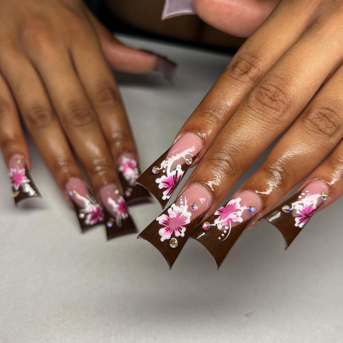 

Floral Print Diamond Embellished False Nails