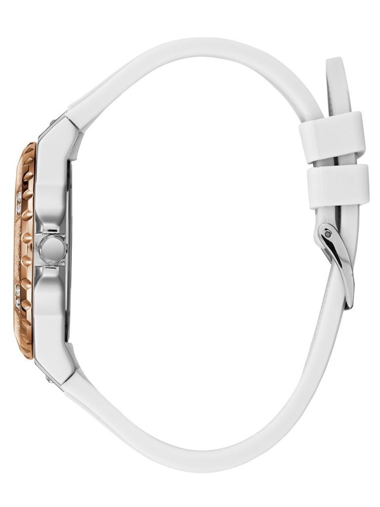 GUESS Women's Stainless Steel Silicone Watch Day Date Functions White Silver Rose Gold