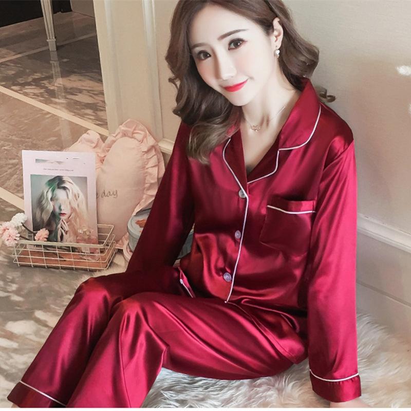 GMXIA Spring and Autumn Faux Silk Pajamas for Women, Long-sleeved Thin Shirts, Sexy Ice Silk Home Wear and Casual Pajama Sets